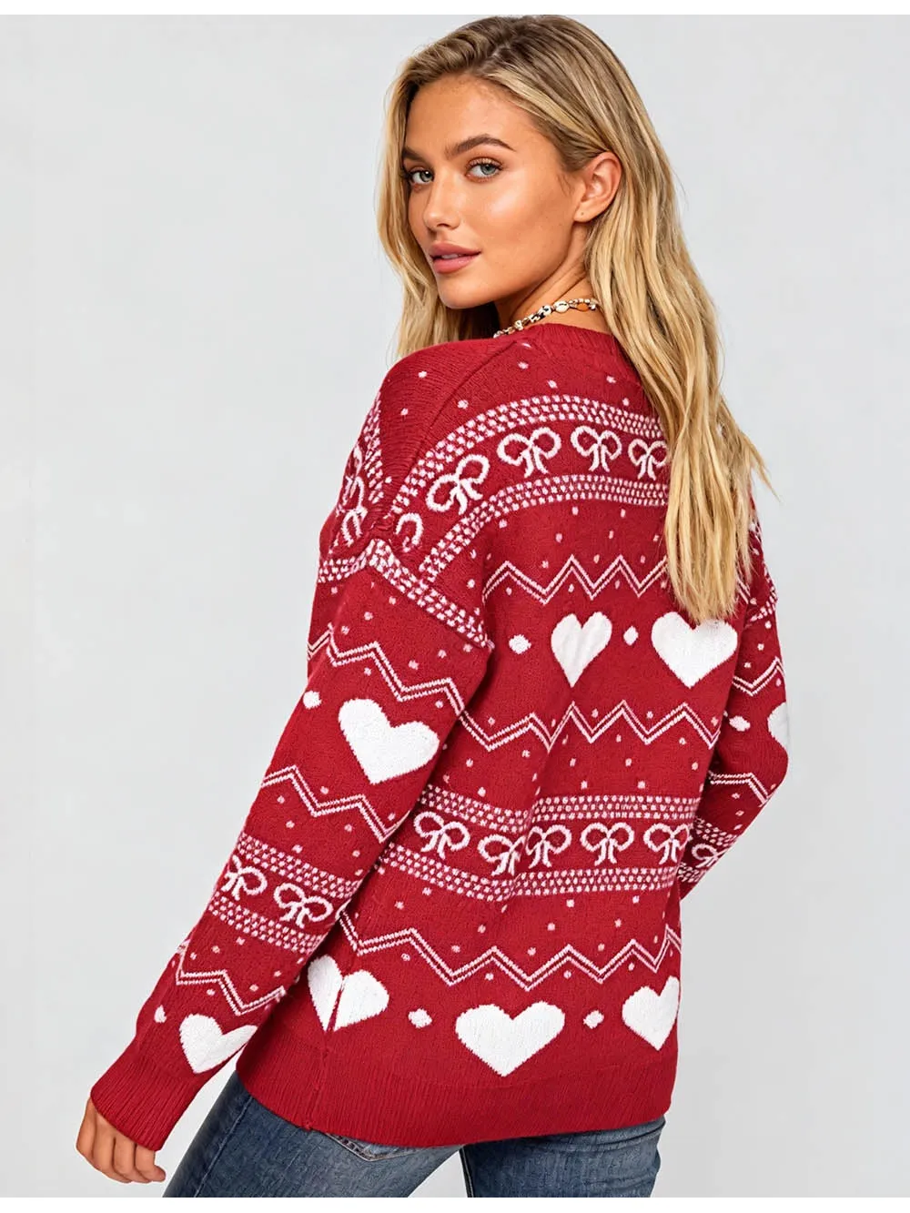 Valentine Heart and Bow Pattern Pullover Sweater