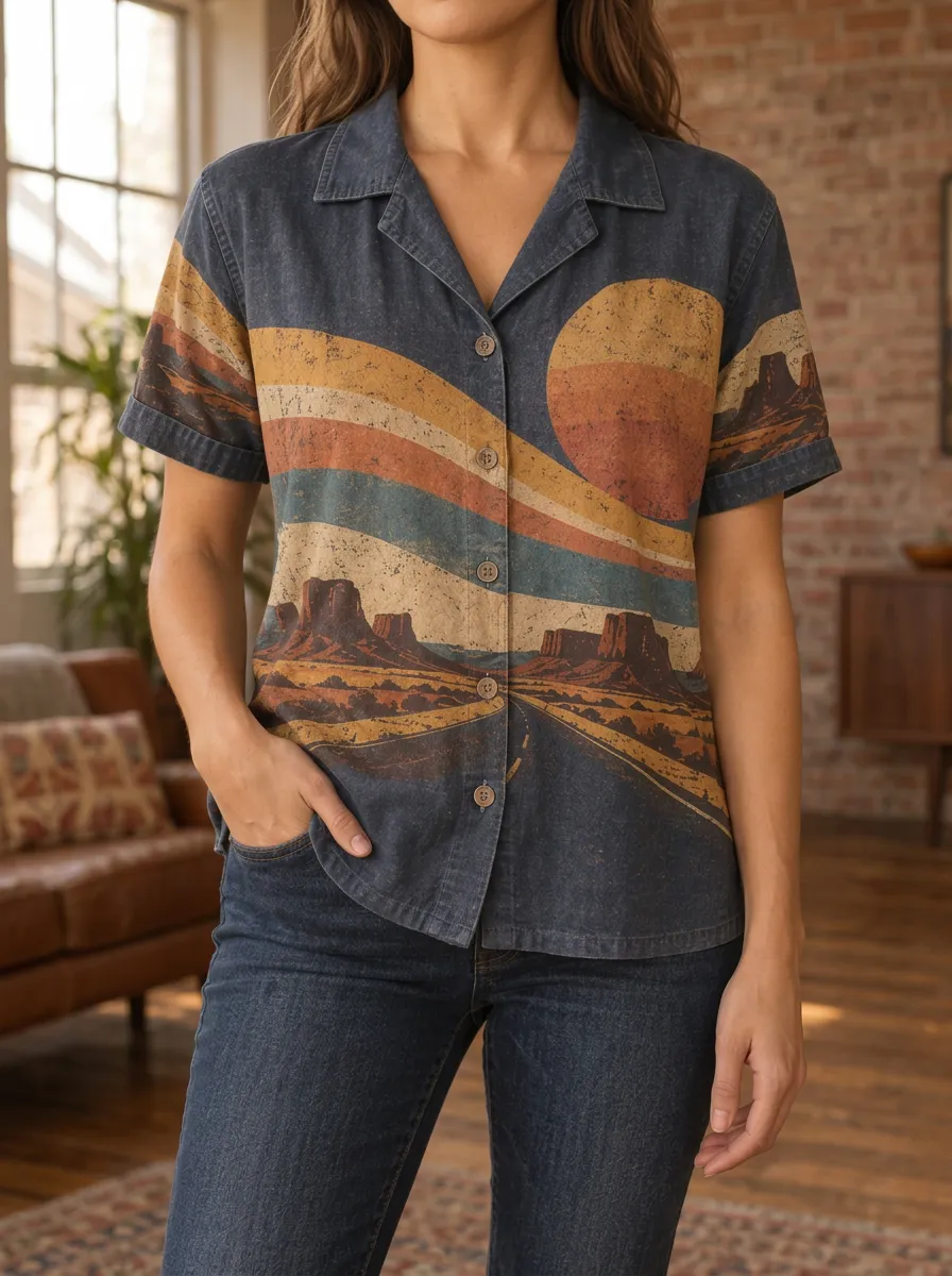 Women's Lakeside Retro Desert Landscape Sunset Shirt
