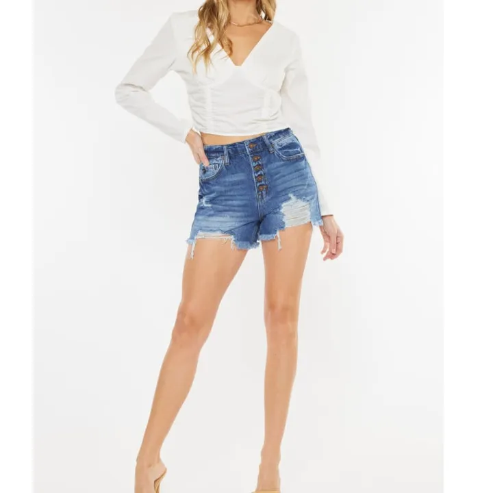 Distressed Button Fly High Waist Denim Shorts