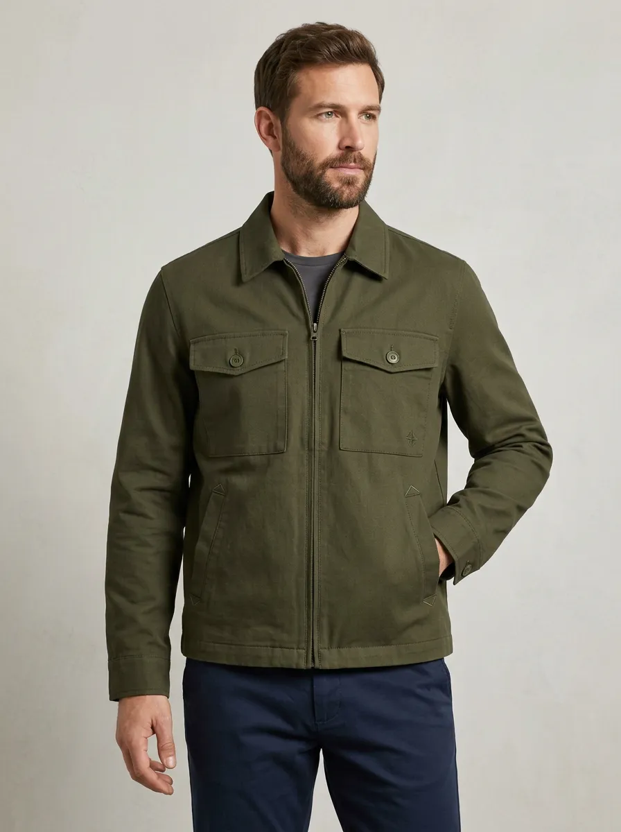 Men's Olive Green Utility Pocket Zip-up Jacket