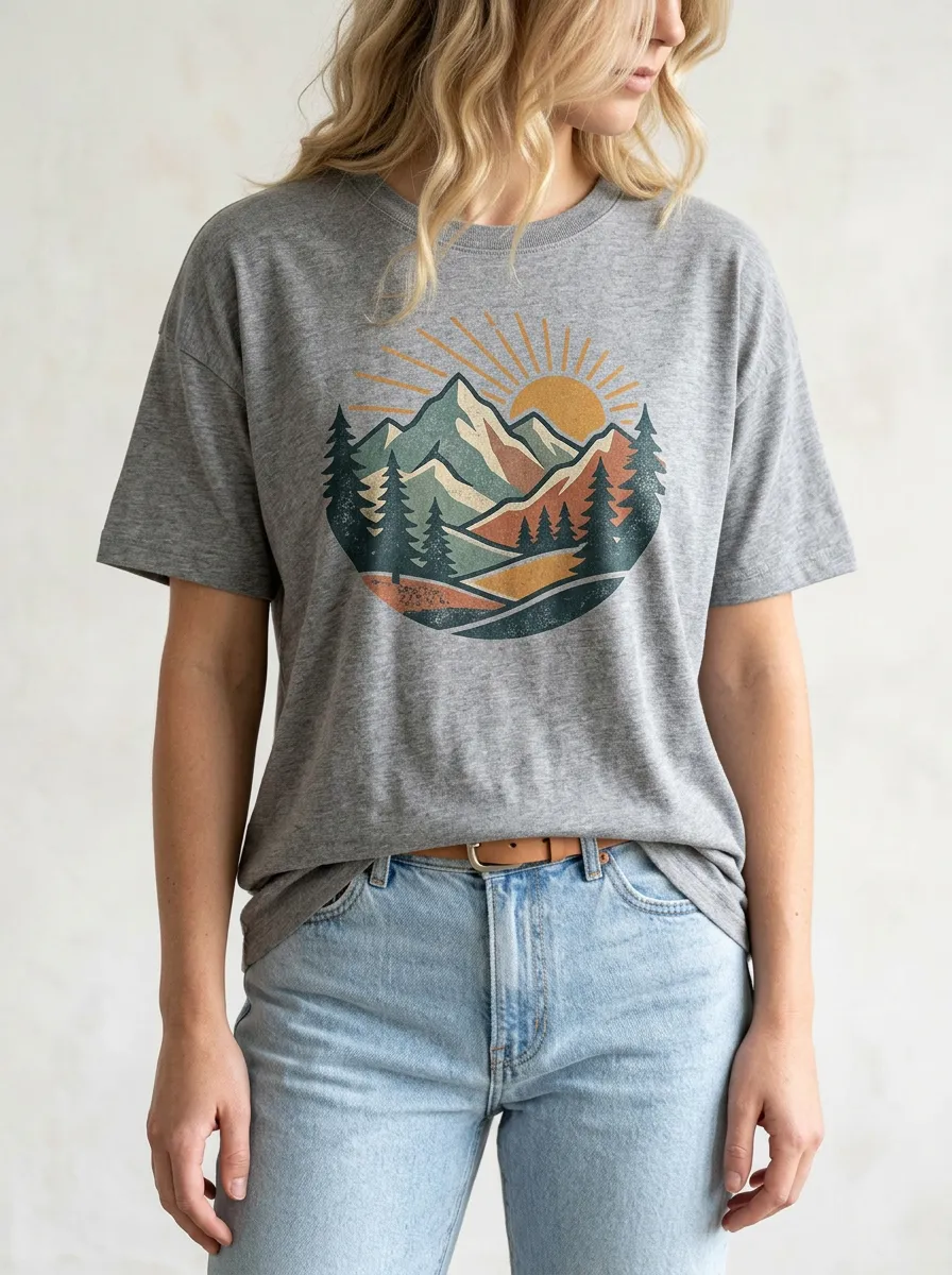 Women's Forest Sunset Mountain Printed T-Shirt
