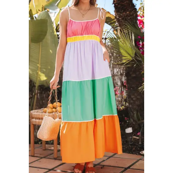 Color Block Flowy Tiered Maxi Dress with Pockets