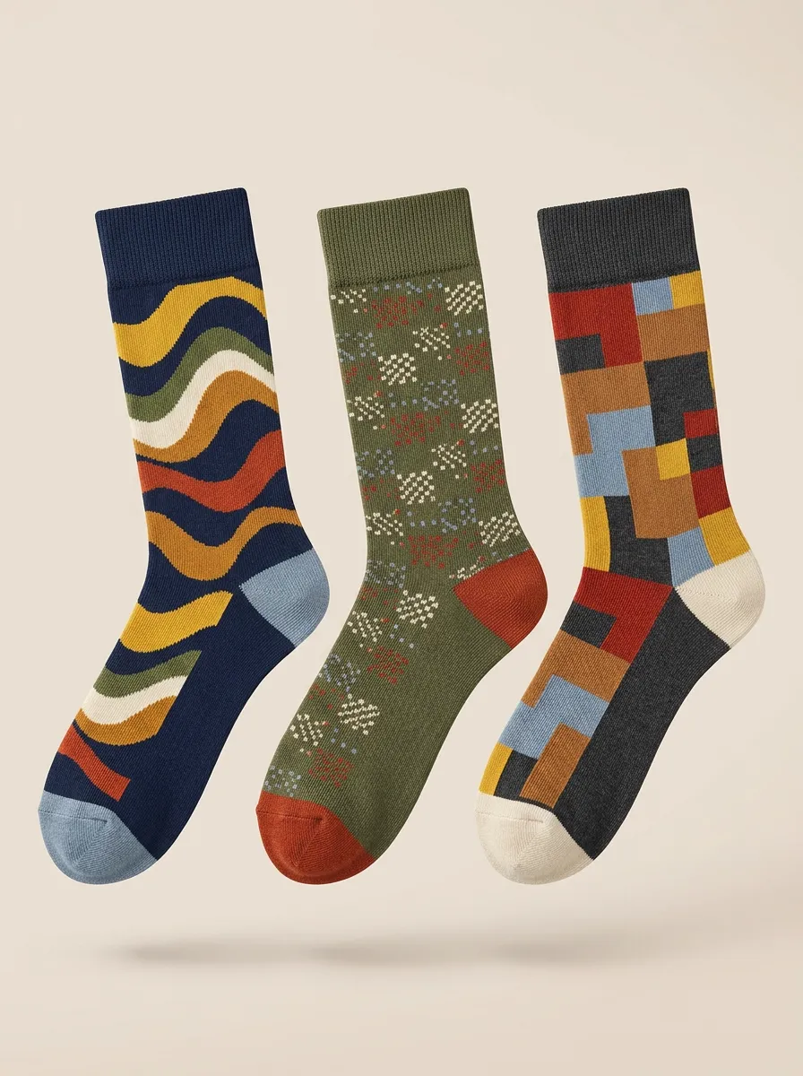 Men's Retro Geometric Pattern Three-Pack Socks