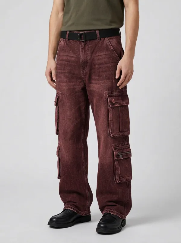 Men's Vintage Washed Black Denim Multi-Pocket Cargo Pants