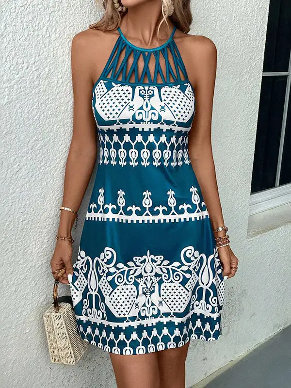Relaxed Sleeveless Hollow Printed Split Joint Halter Neck Mini Dress