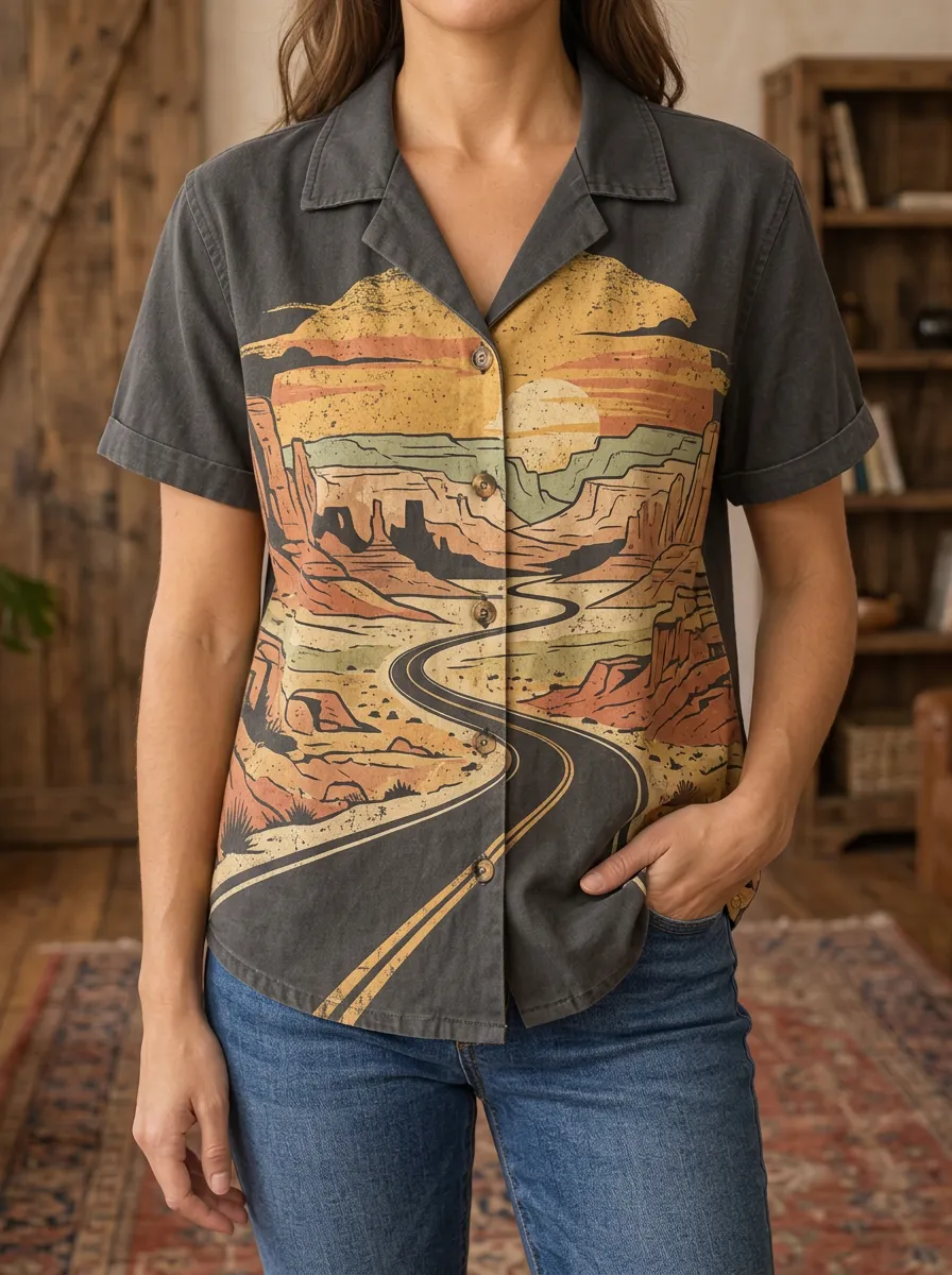 Women's Scenic Desert Road Trip Vintage Landscape Shirt