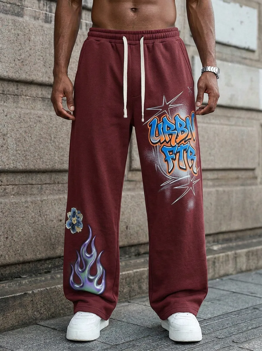 Men's Streetwear Graffiti Urban Flame Flower Printed Sweatpants