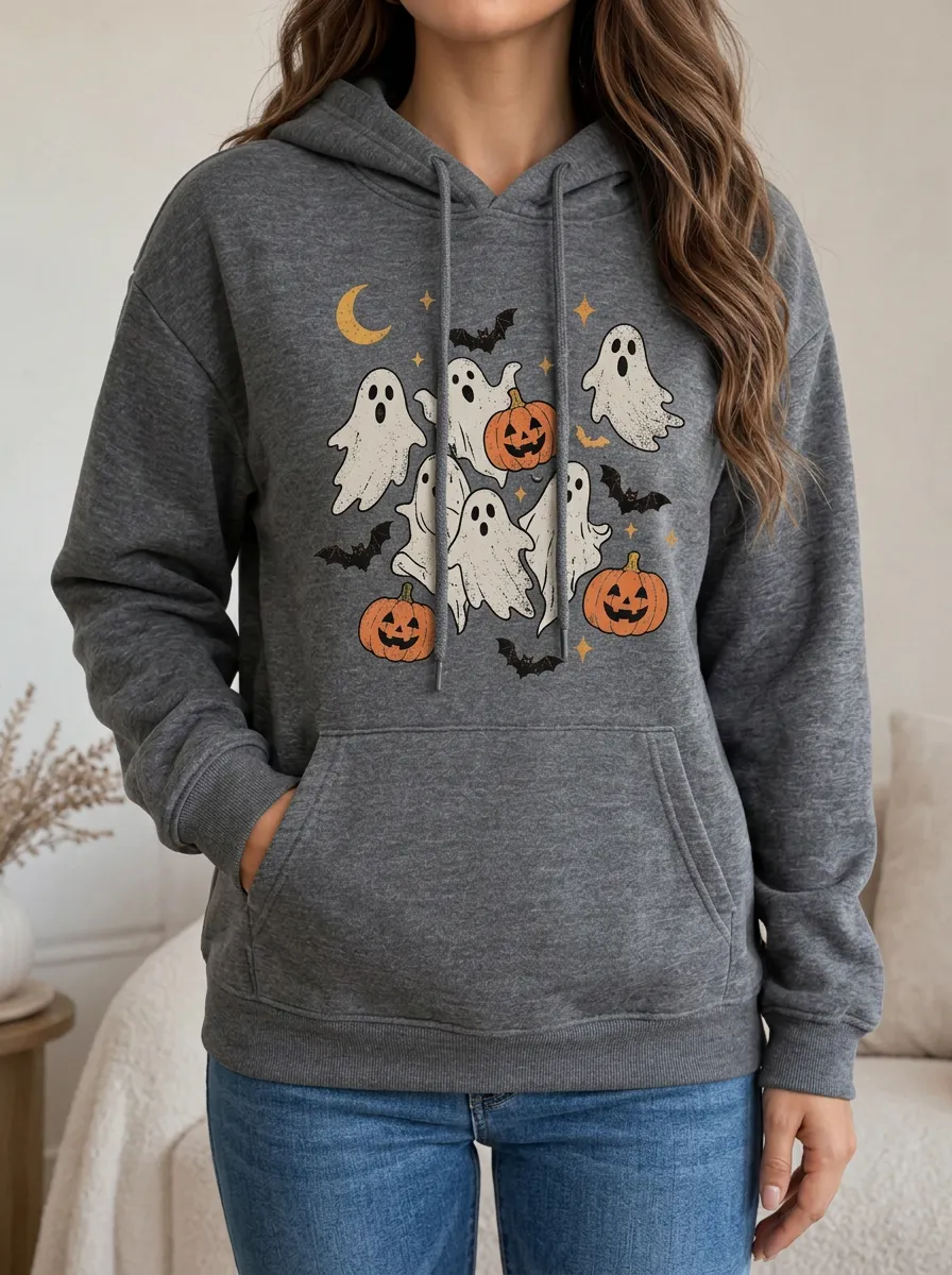 Women's Halloween Ghost Pumpkin Bat Contrast Drawstring Hoodie