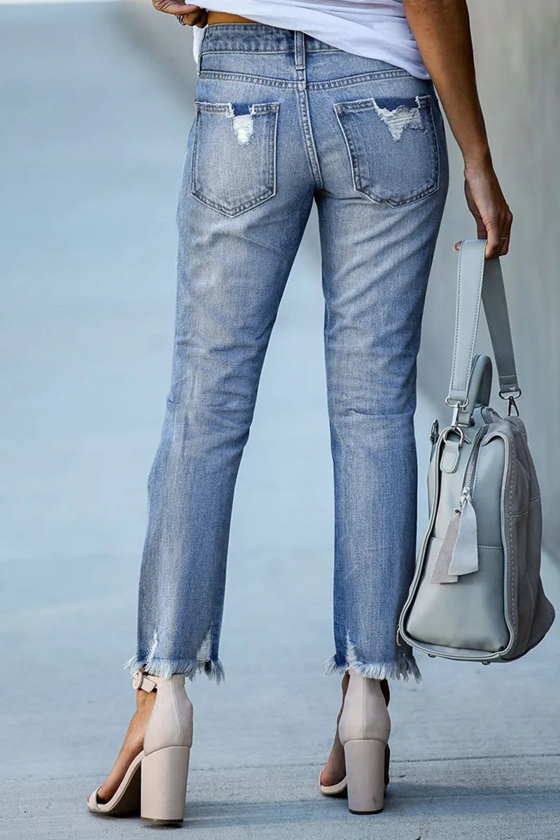 Distressed Raw Hem Straight Leg Jeans