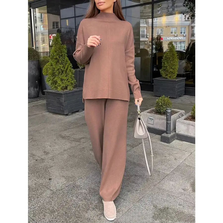Slit Mock Neck Top and Pants Sweater Set