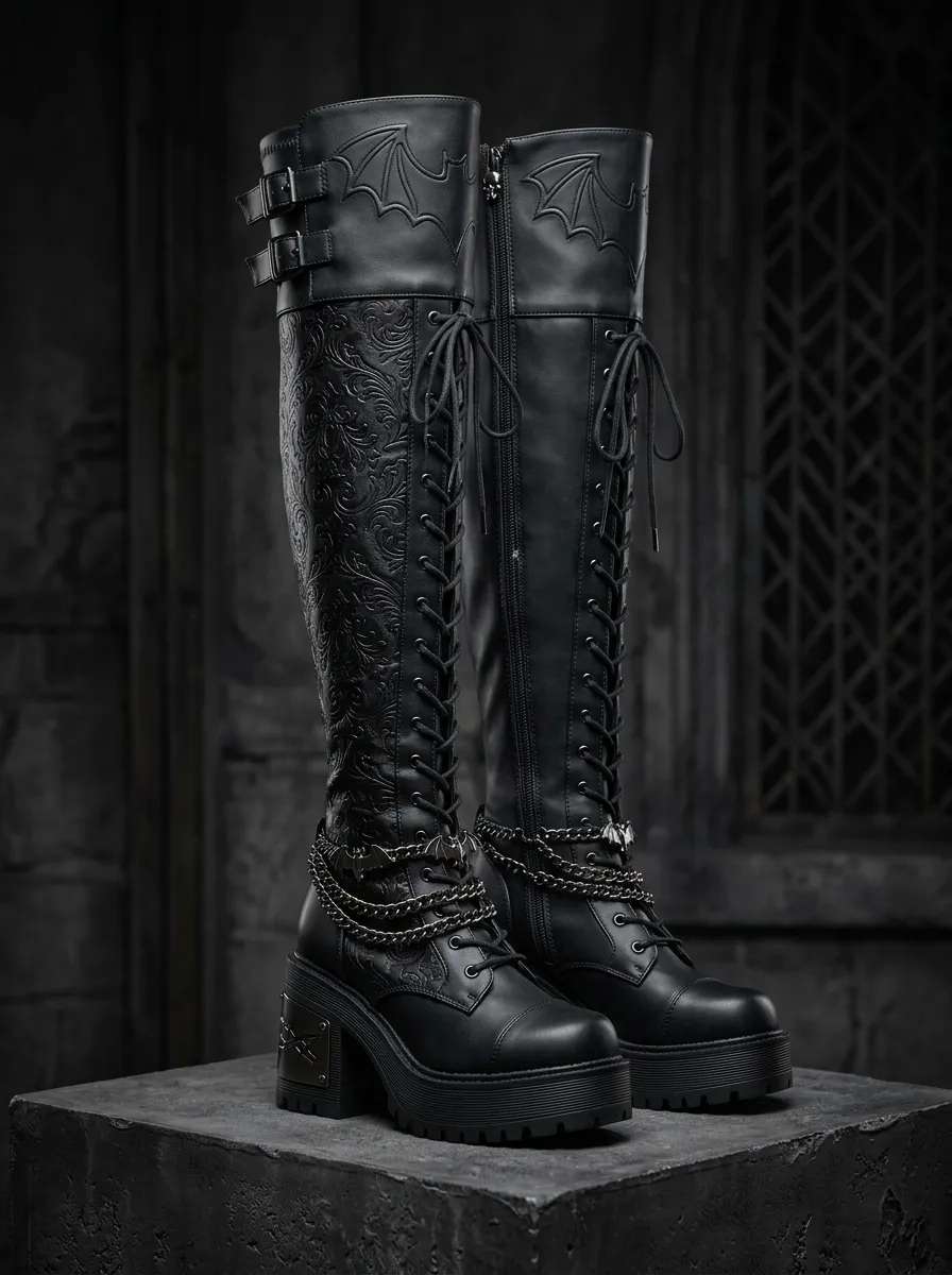 Ritual-Inspired Bat Chain Embossed Night Look Women's Gothic Platform Knee High Boots