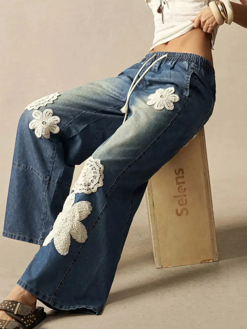 Wide-Leg Drawstring Jeans For Women
