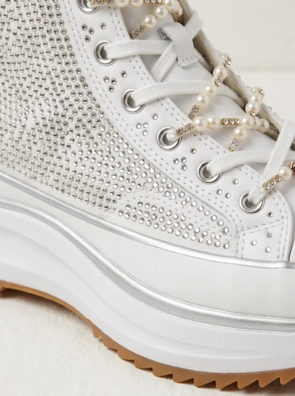 Pearl Lace-Detail Lace-Up Women's Rhinestone Platform Shoes