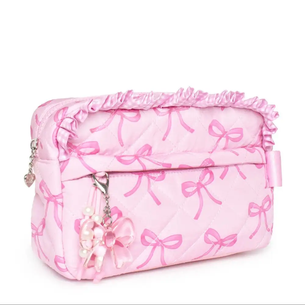 Bow Charm Quilted Cosmetic Pouch