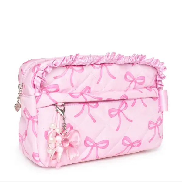 Bow Charm Quilted Cosmetic Pouch