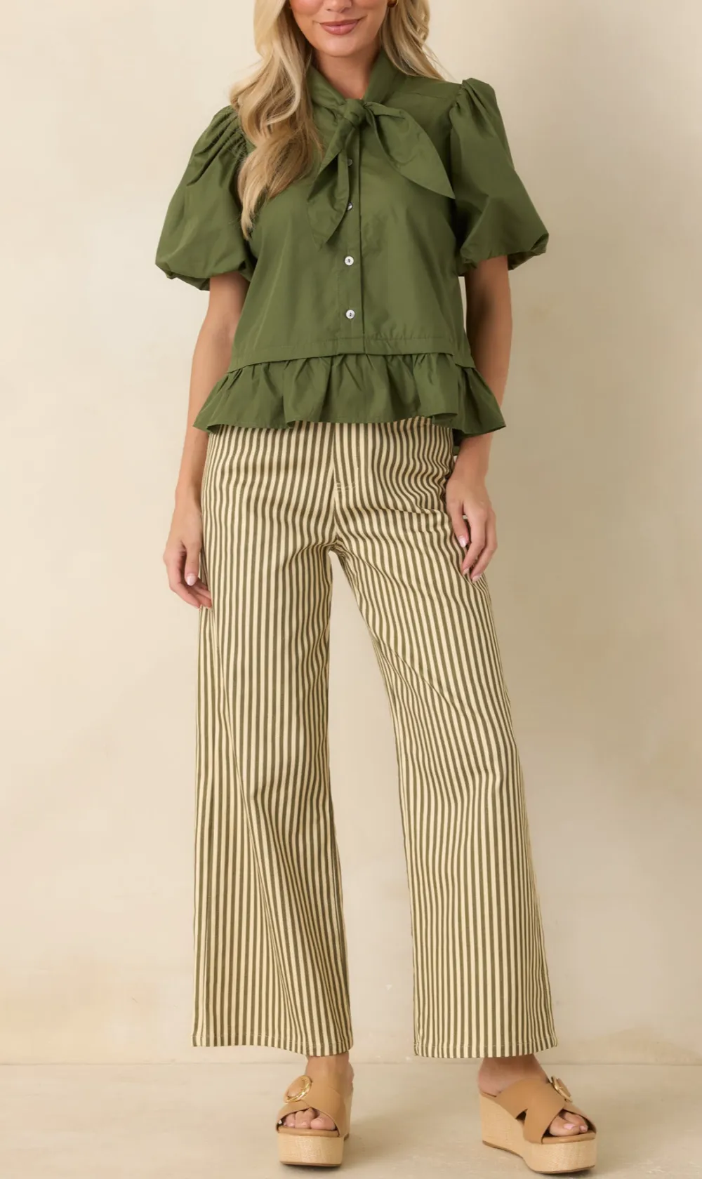 Tie-Neck Short-Sleeve Peplum Puff-Sleeve Blouse