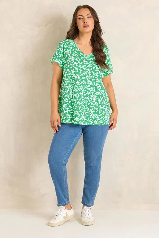 Green Floral Pleat Front Top