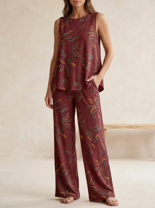 Women's Abstract Leaf Print Relaxed Top And Wide-Leg Trouser Lounge Set
