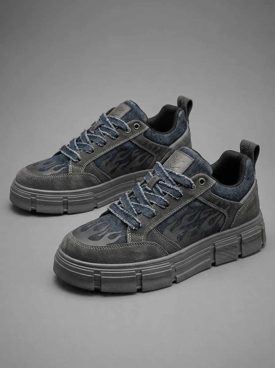 Men's Streetwear Flame Pattern Denim Printed Skate Shoes