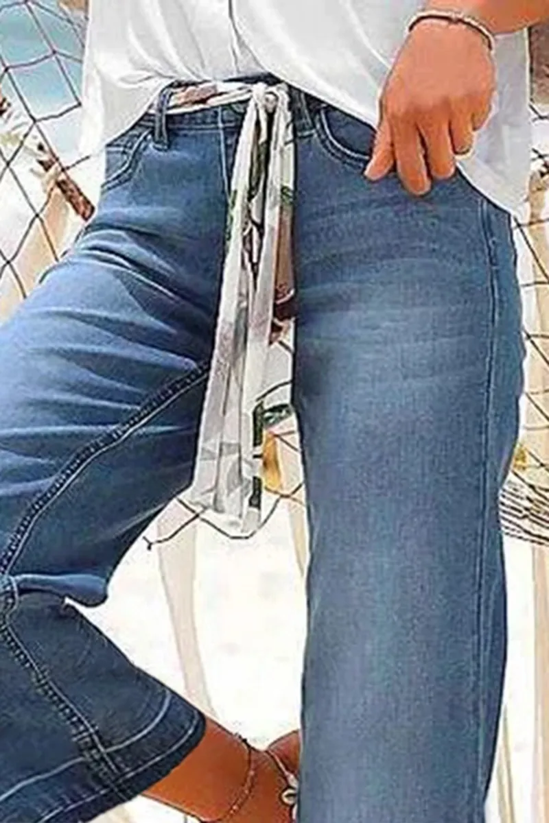 Floral Pattern Crop Flare Jeans Without Belt