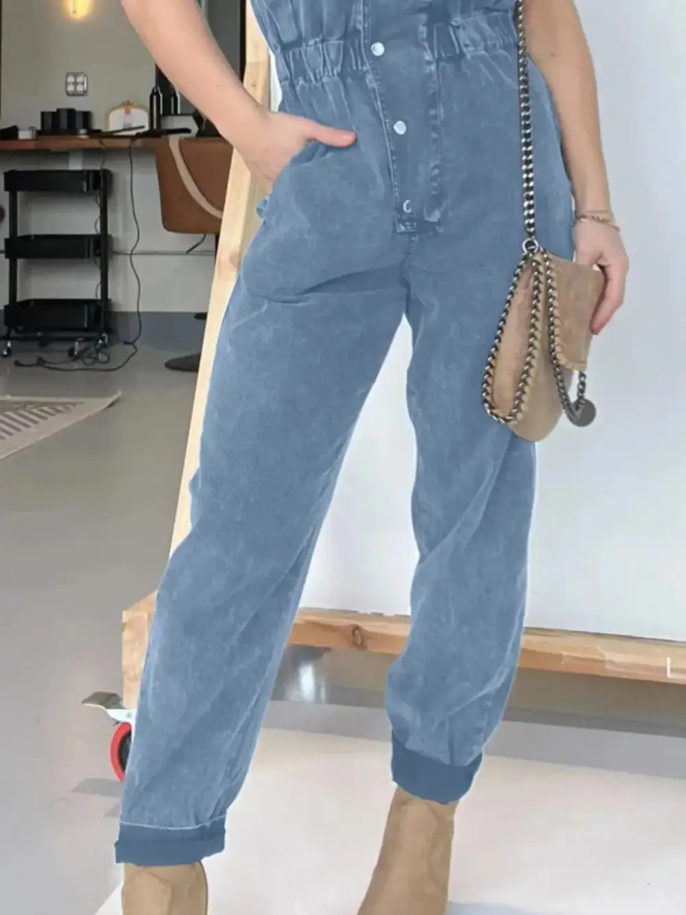 Modern Denim Button Front Jumpsuit