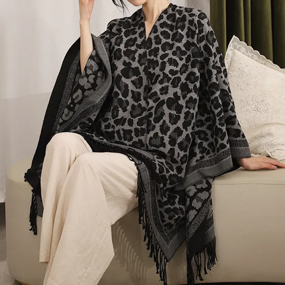 Jacquard Leopard Poncho Wrap