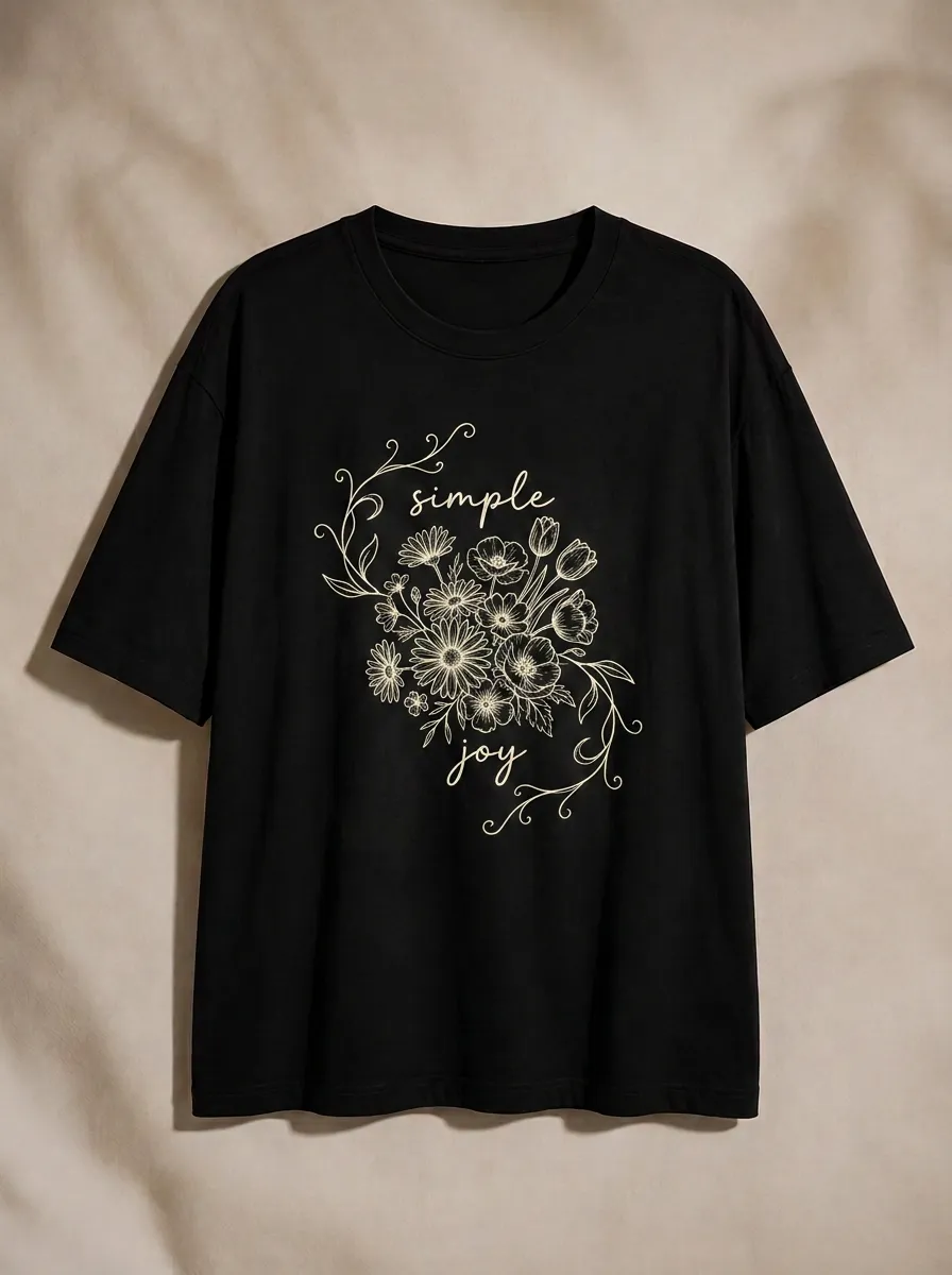 Women's Simple Joy Floral Bouquet Line Art Printed T-shirt