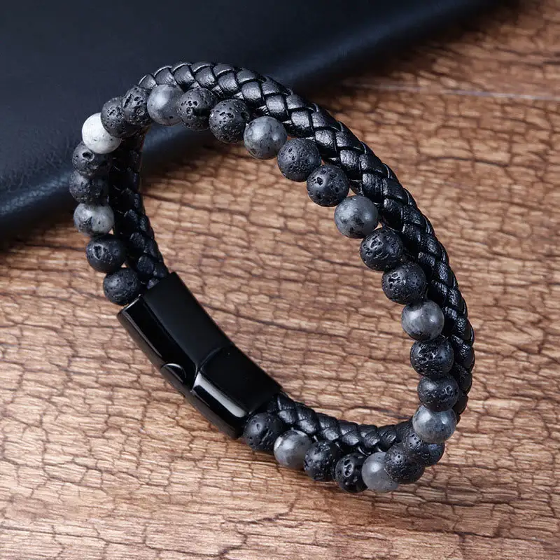 Lava Rock Titanium Steel Leather Bracelet