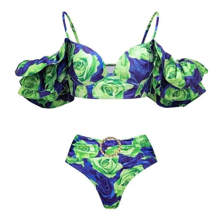 Ruffle Shoulder Two Piece Bikini Set with Skirt/pants Cover