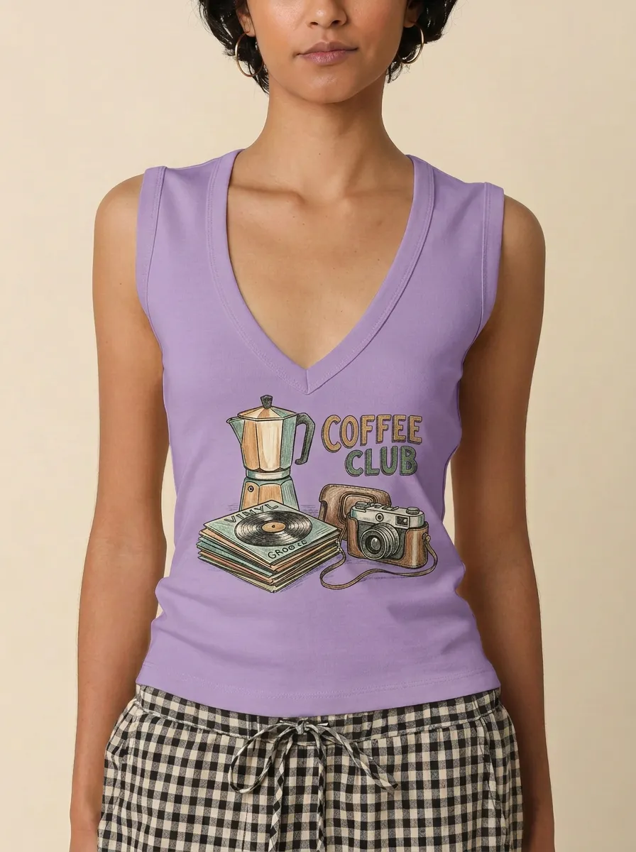 Women's Coffee Club Vinyl Camera Printed V-neck Tank Top