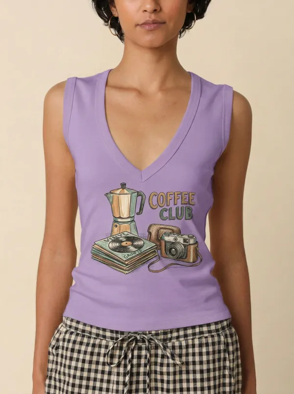 Women's Coffee Club Vinyl Camera Printed V-neck Tank Top