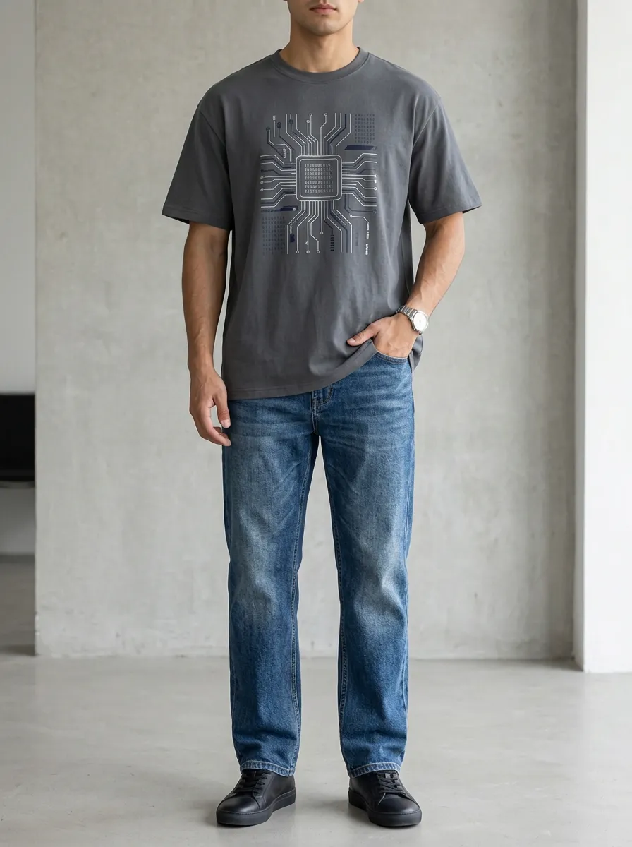 Men's Tech Geek CPU Circuit Printed T-Shirt and Jeans Set
