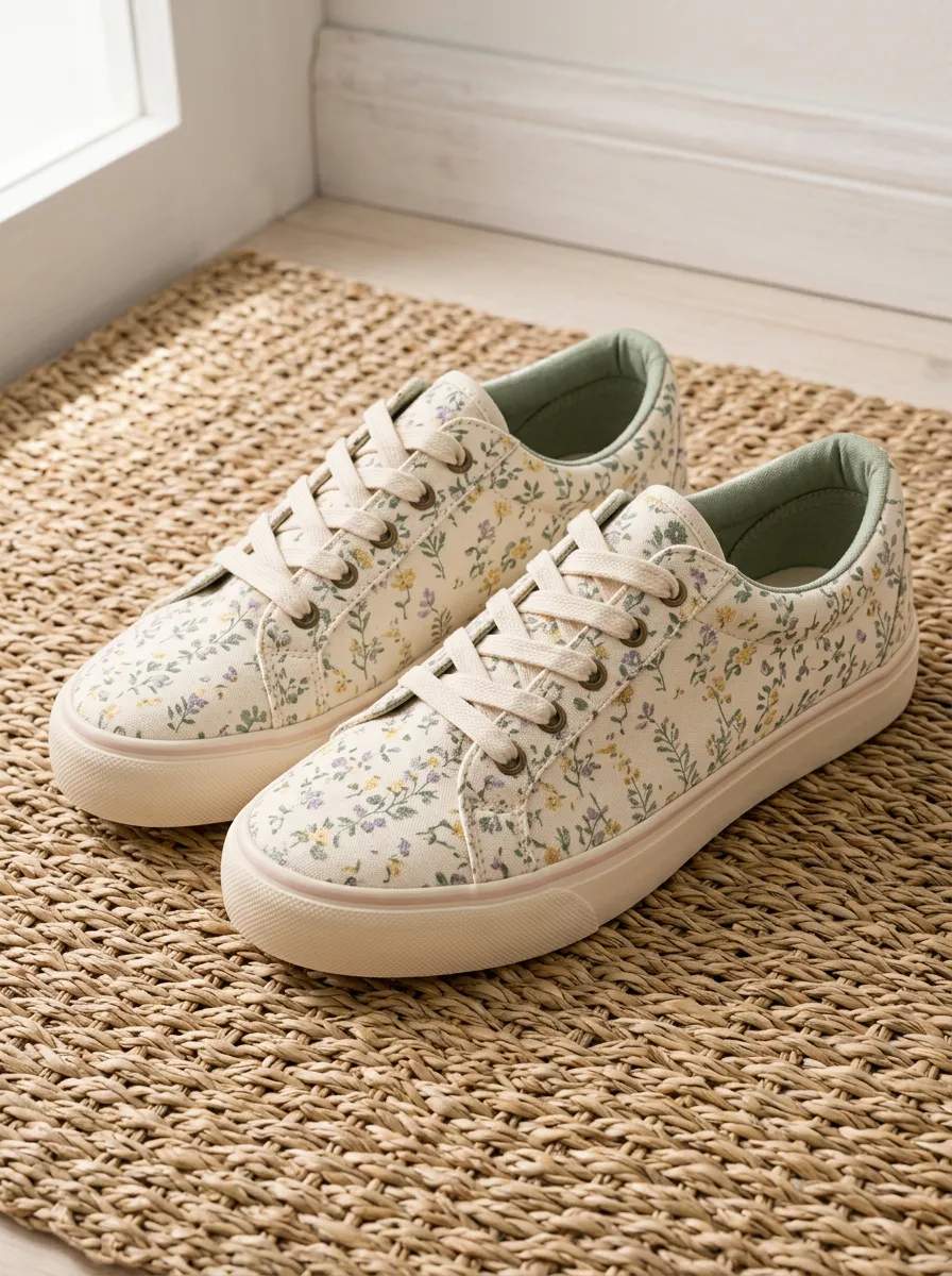Women's Floral Meadow Pattern Printed Canvas Sneakers