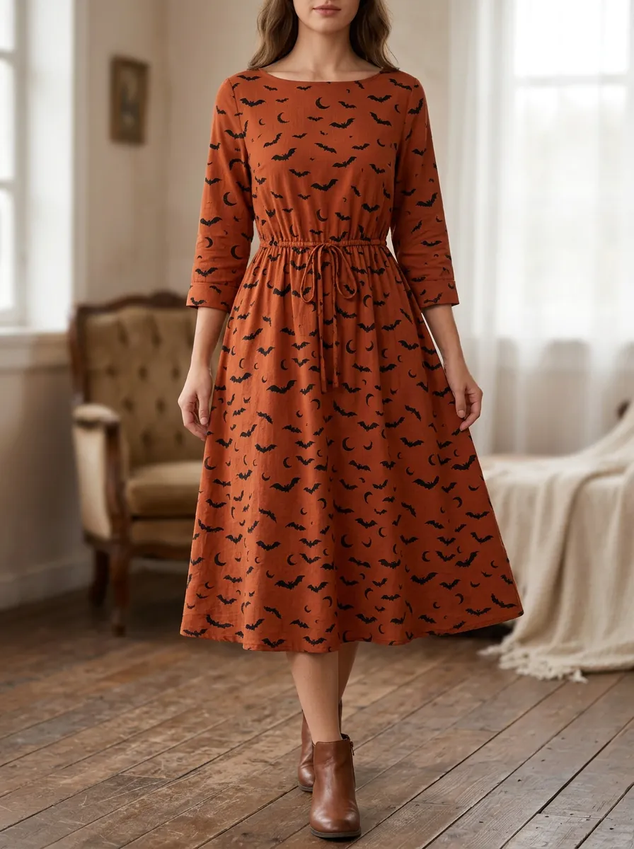 Women's Halloween Bat Moon Pattern Printed Midi Dress