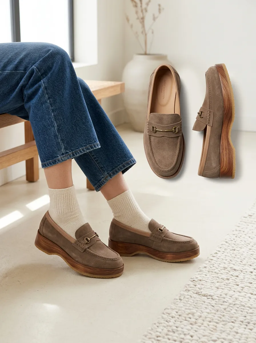 Women's Platform Minimalist Suede Wood Sole Loafers