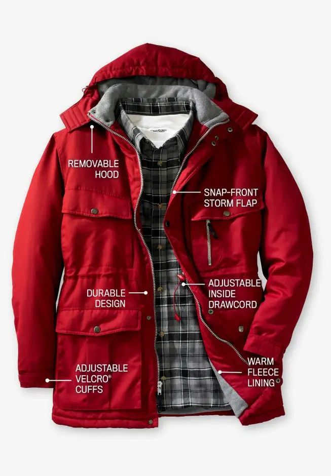 Fleece-Lined Parka with Detachable Hood and 6 Pockets