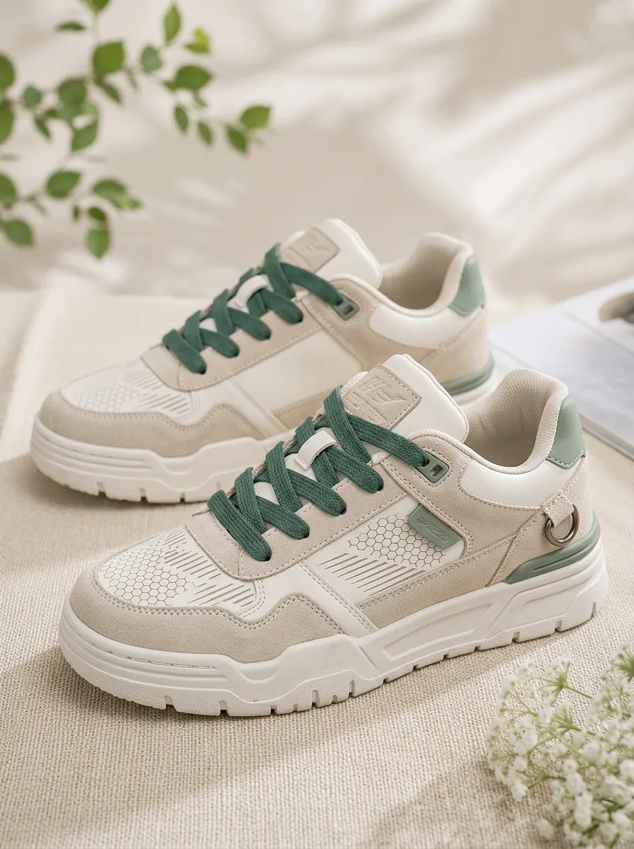 Men's Beige Green Honeycomb Patterned Casual Skate Shoes