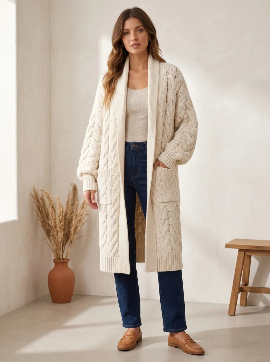 Women's Casual Cream Cable Knit Open Front Long Cardigan