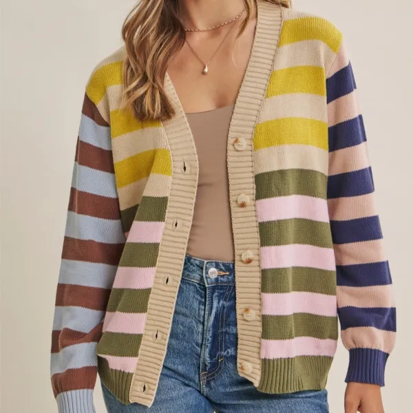 Ribbed Button Front Color Block Striped Cardigan