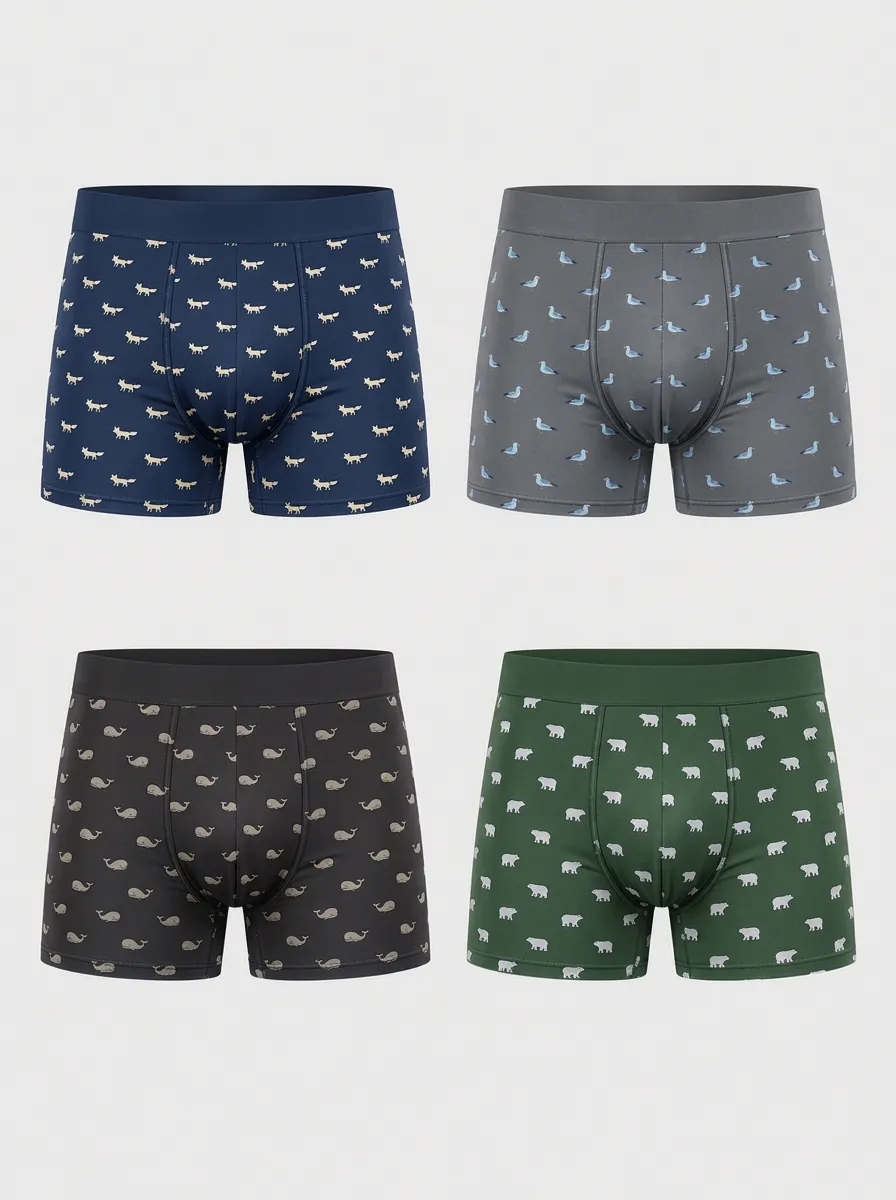 Men's Animal Fox Seagull Whale Bear Printed Boxer Briefs 4-Pack
