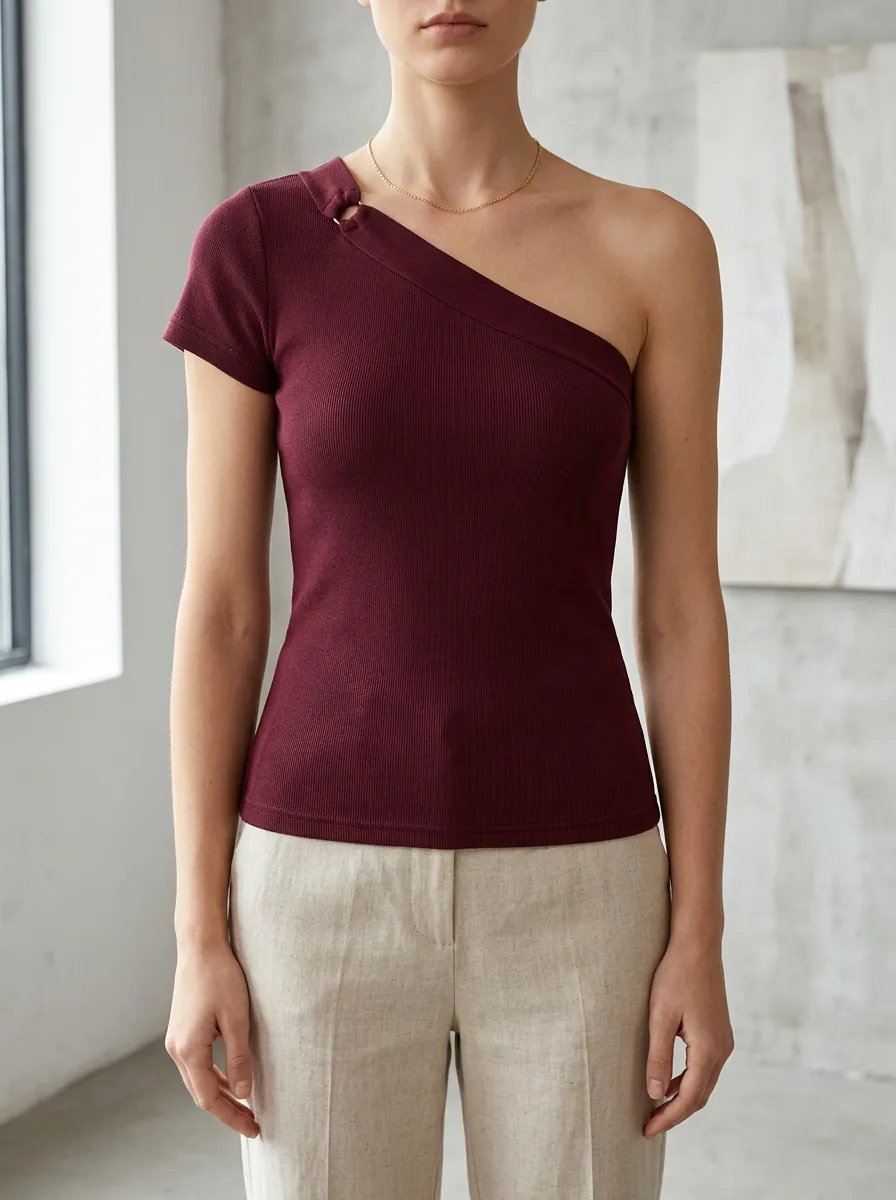 Women's Burgundy Ribbed One-Shoulder Cutout Top