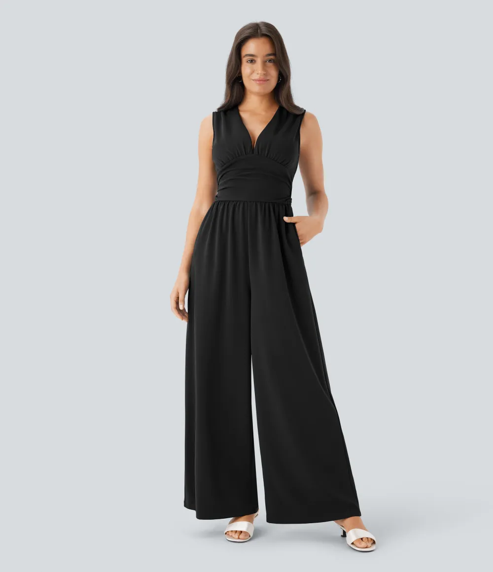 SculptKnit V Neck Sleeveless Ruched Pocket Jumpsuit-Easy Peezy
