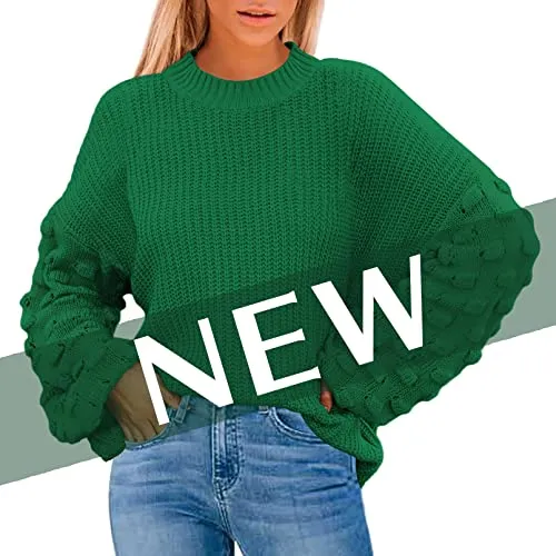 Women's Cute Oversized Crewneck Loose Puff Sleeves Chunky Knit Pullover Sweater
