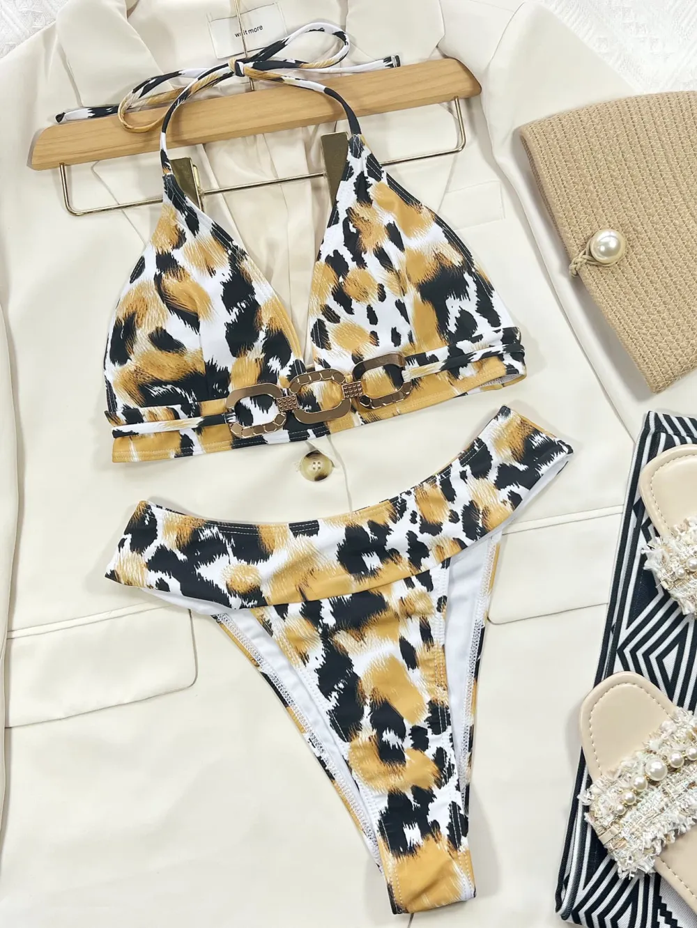 Animal Print Halter Neck Bikini Swim Set
