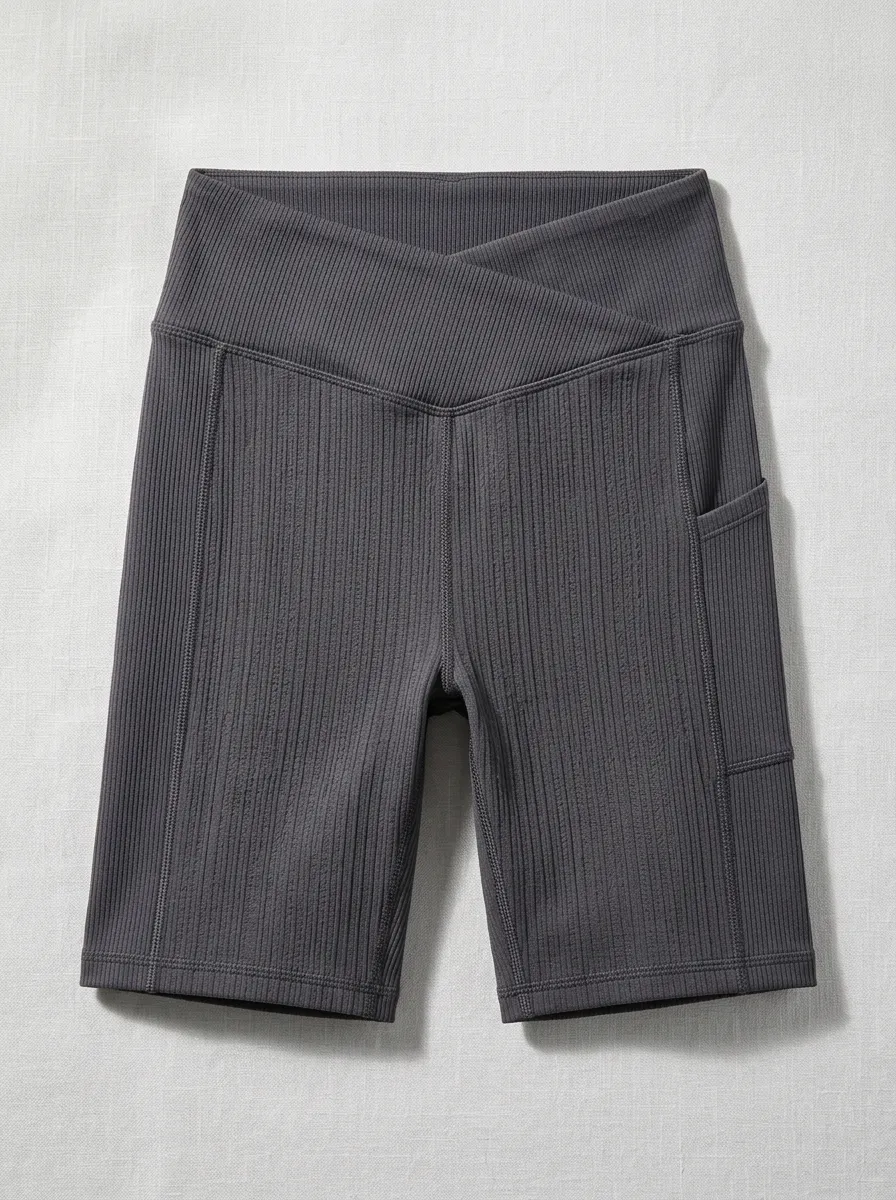 Women's Yoga Fitness Charcoal Ribbed Crossover Pocket Biker Shorts