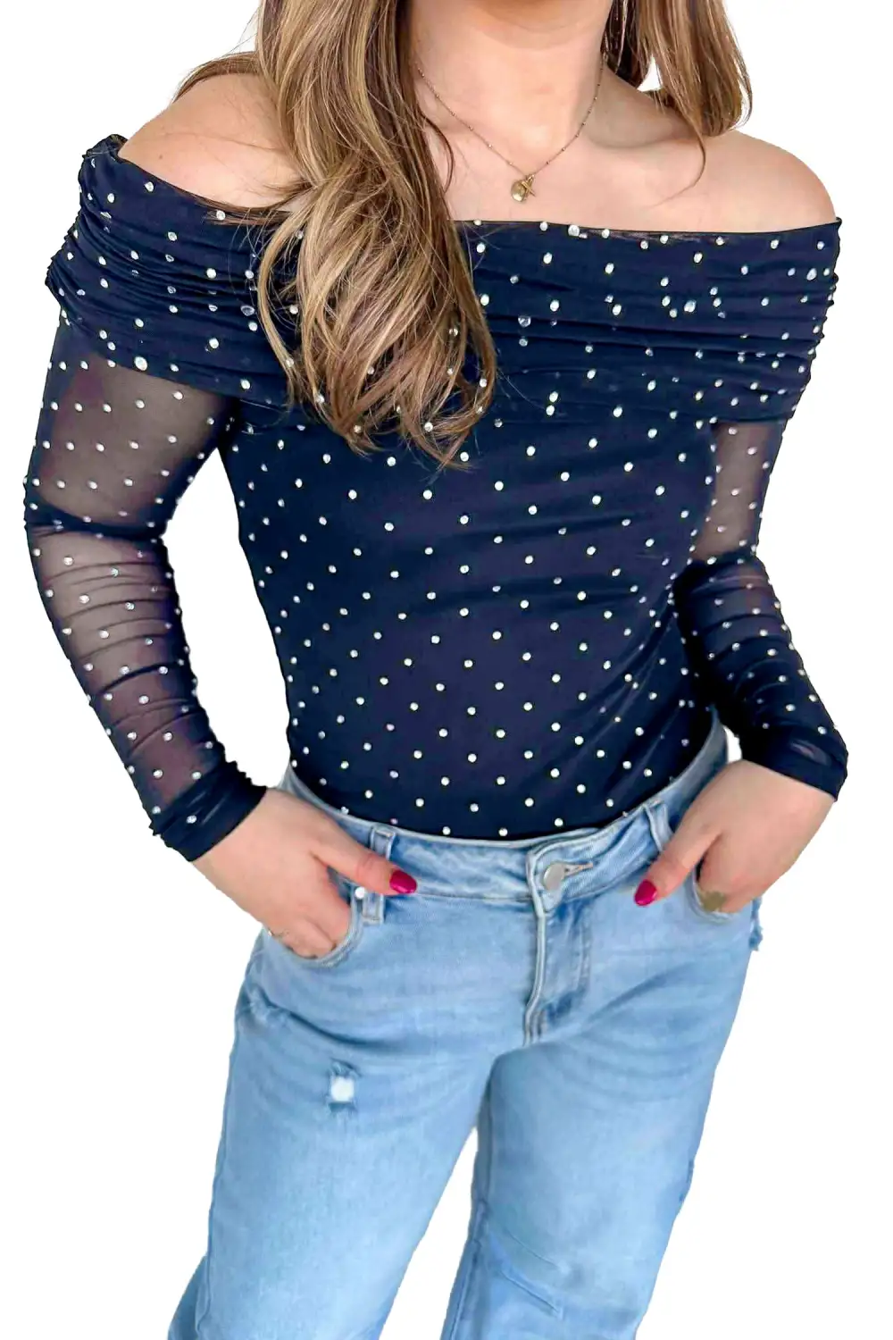 Polka Dot Off Shoulder Mesh Stretch Fabric Long Sleeve Top
