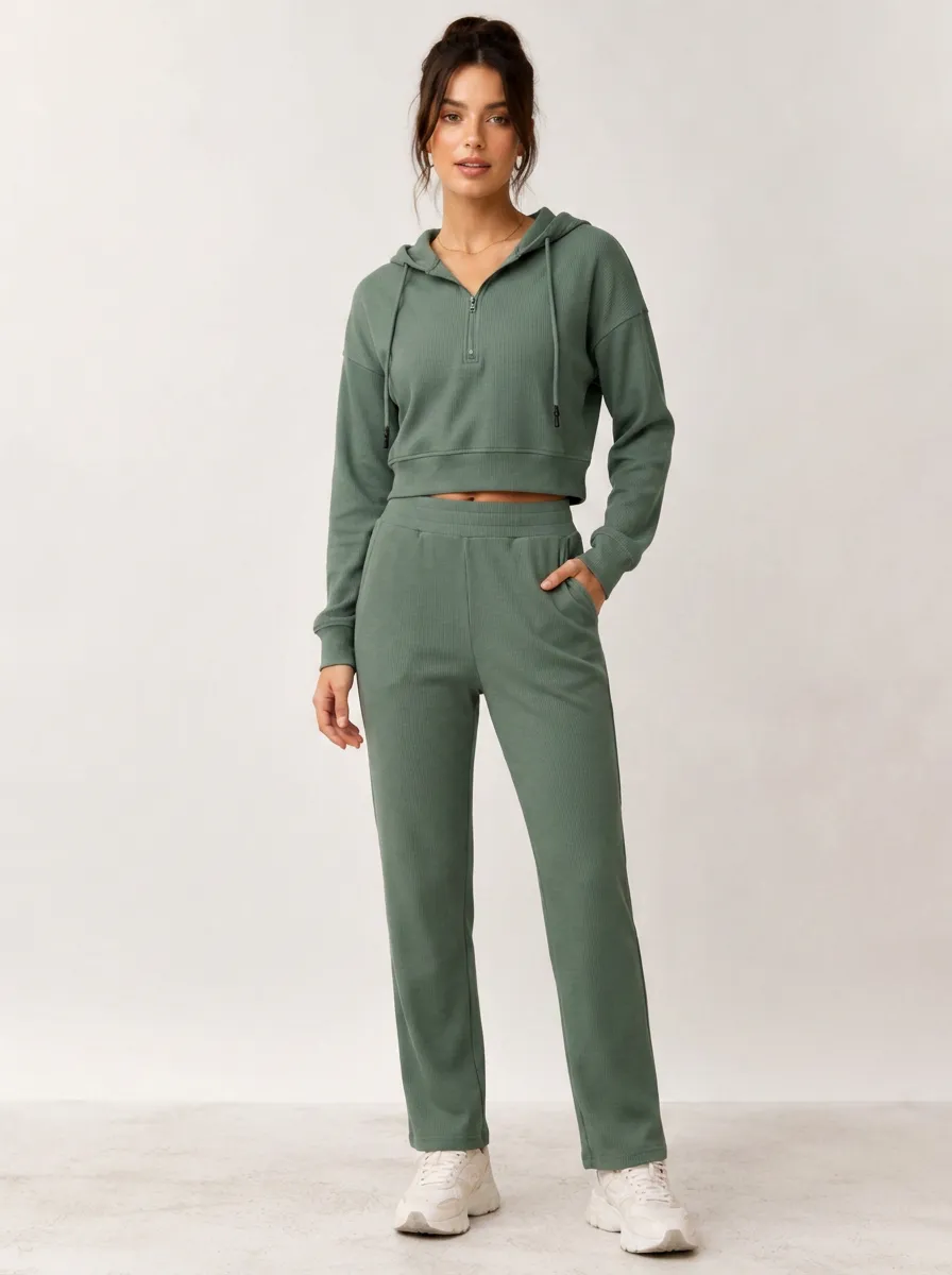 Women's Casual Sage Green Ribbed Quarter-Zip Crop Hoodie Jogger Set