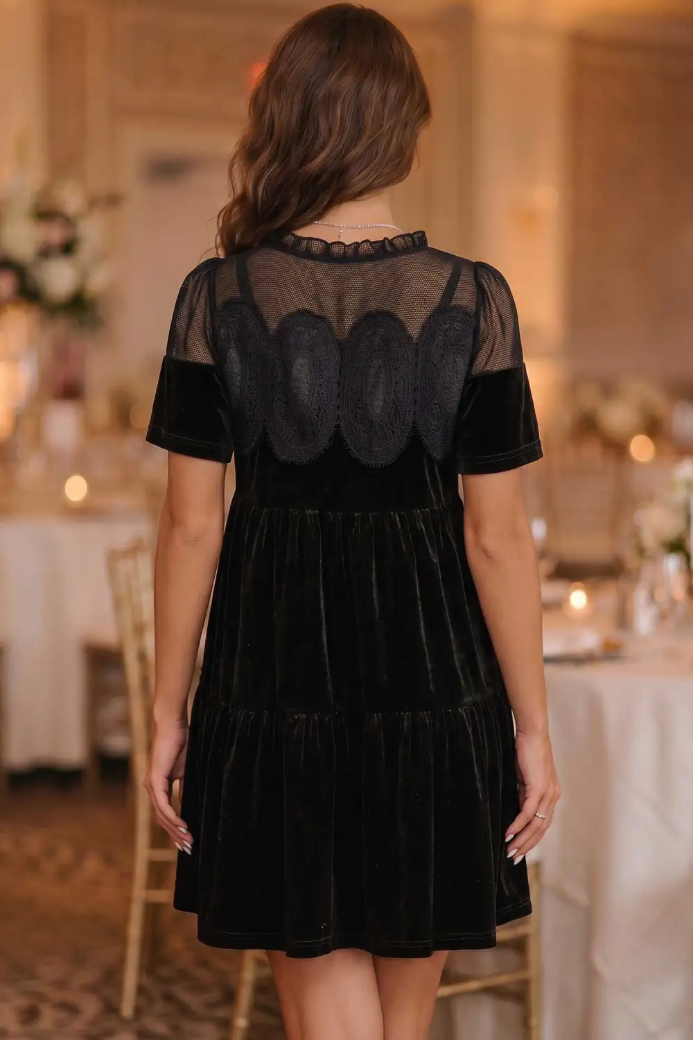 Women's Embroidery Velvet Short Sleeve Shift Mini Dress