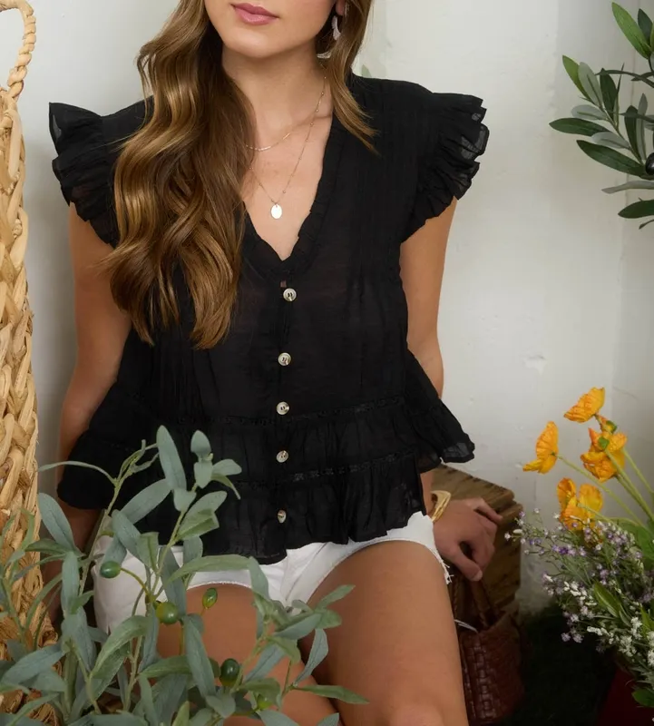 Lightweight Ruffle Trim Button-Down Blouse