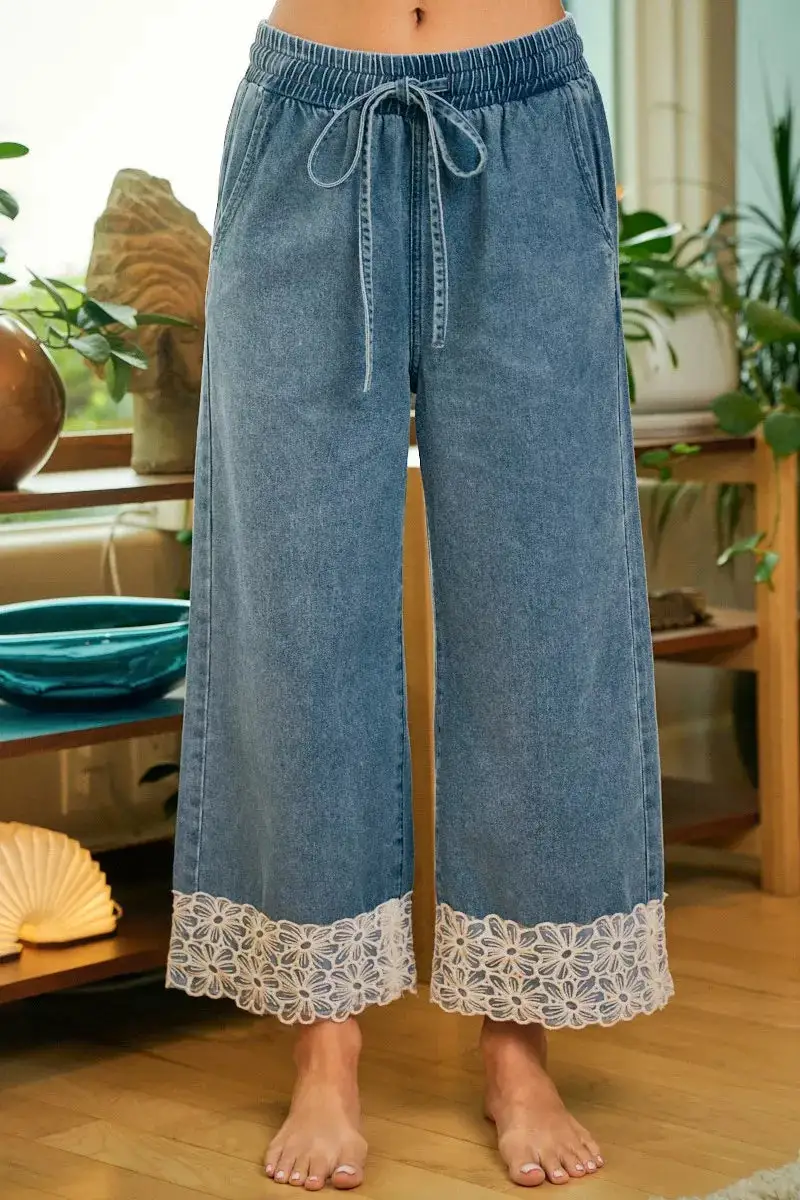 Bibi Washed Denim Waist Flower Lace Trim Pants